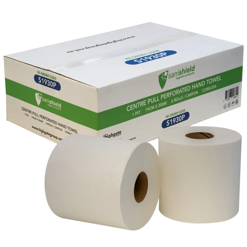 Sanishield Centre Pull Perforated White Hand Towel, 1ply 19cm x 300m, 6 rolls
