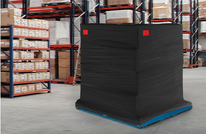 Wrapex - Black Pallet Wrap - black stretch wrapped pallet in warehouse