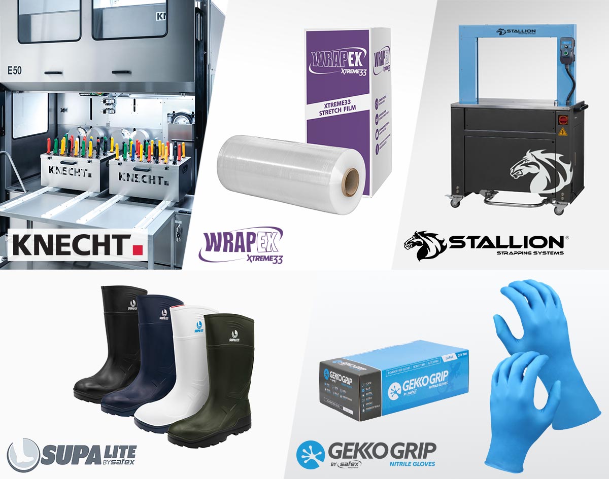 Knecht E50 Knife Sharpening Machine  |  Wrapex Xtreme33 33 layer nano stretch film  |  Stallion SS70 Advanced High Speed STrapping Machine  |  Supalite Gumboots - the world's lightest weight food processors gumboot  |  Gekko Grip micro textured nitrile gloves