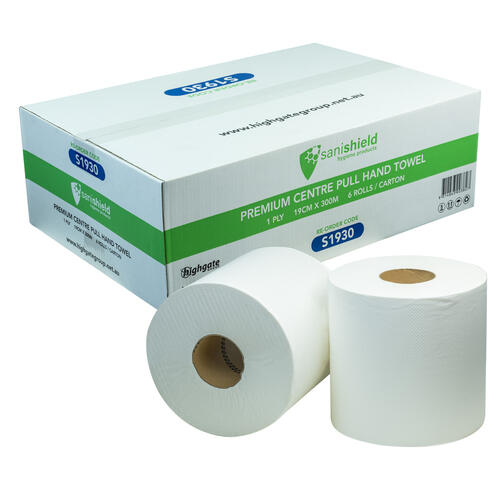 Premium Centre Pull Hand Towel (1 Ply), 19cm x 300m (4 rolls/ctn) Coreless
